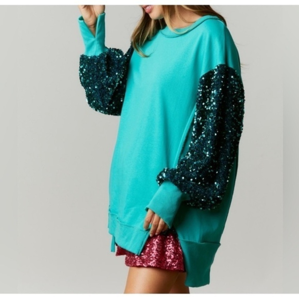 Fantastic Fawn Turquoise Knit Sweatshirt Sequin Sleeves Size Small